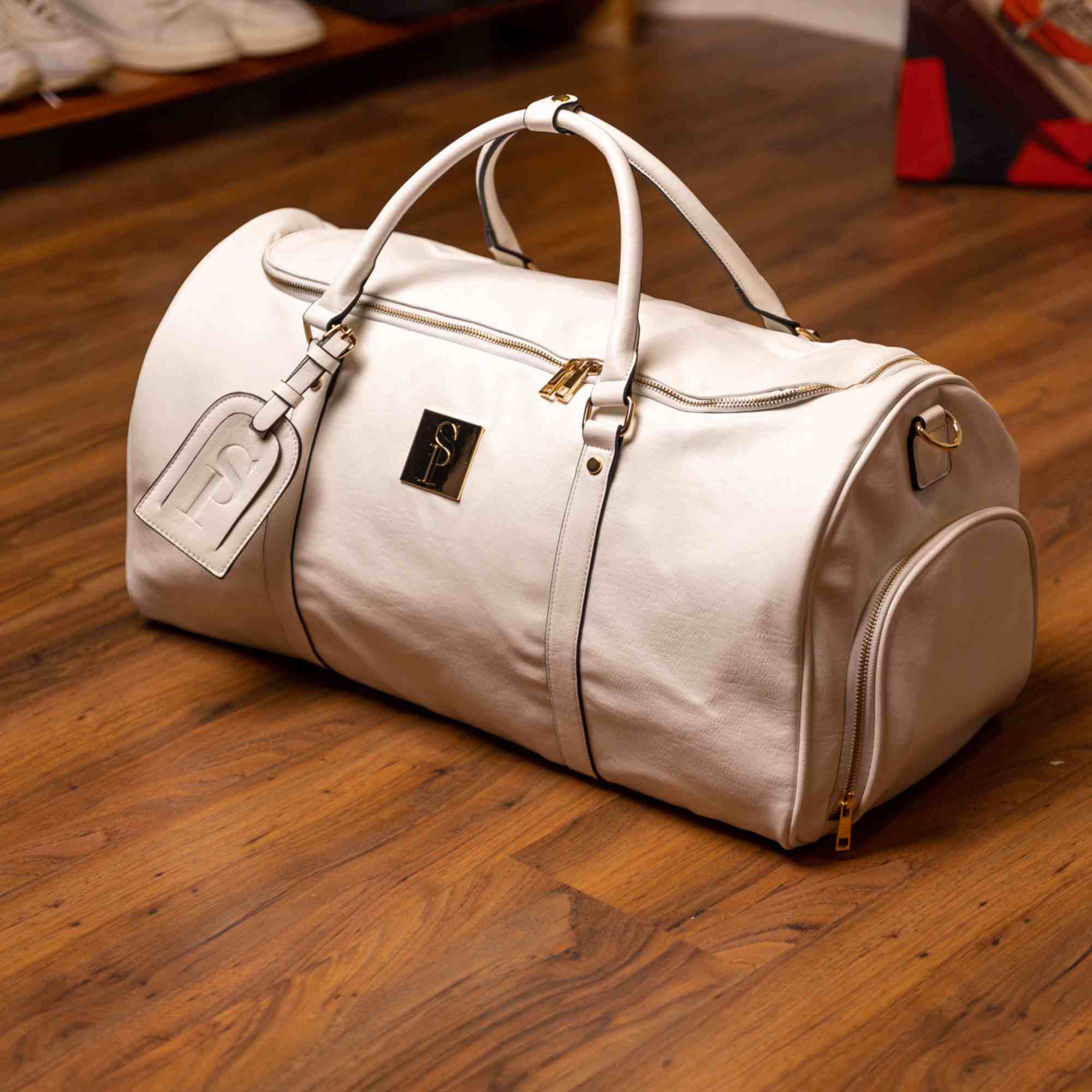 White Leather Weekender Duffle Bag - Image 8