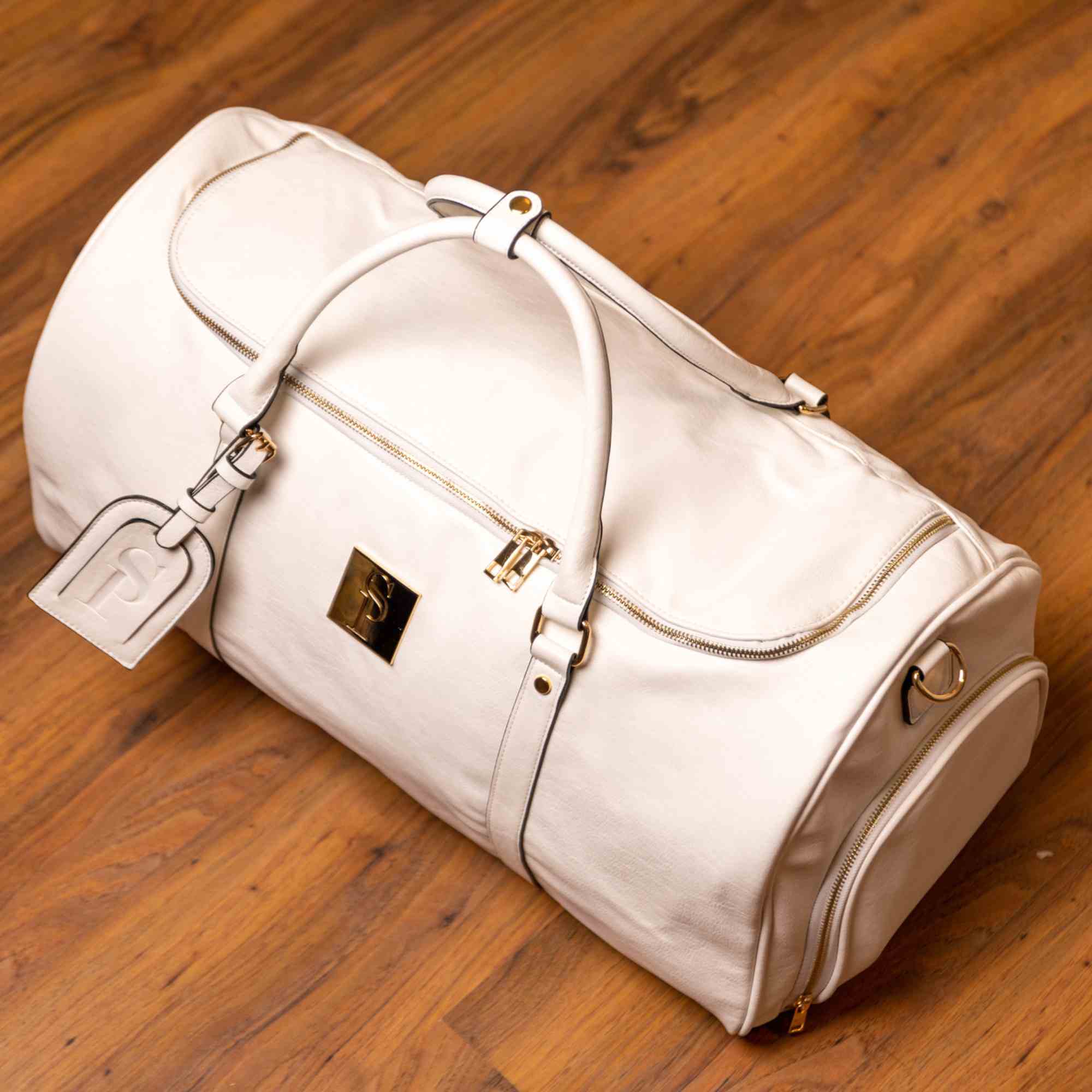 White Leather Weekender Duffle Bag - Image 9