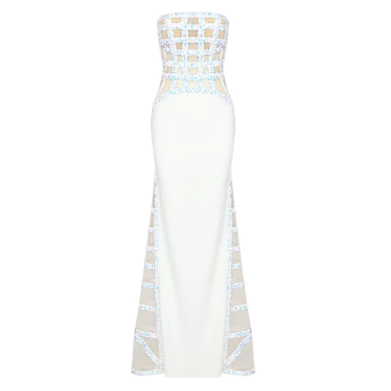 White Sequin Off-Shoulder Evening Gown For Women, Slim Fit, Midtown, BYMANYC New York. - Image 6