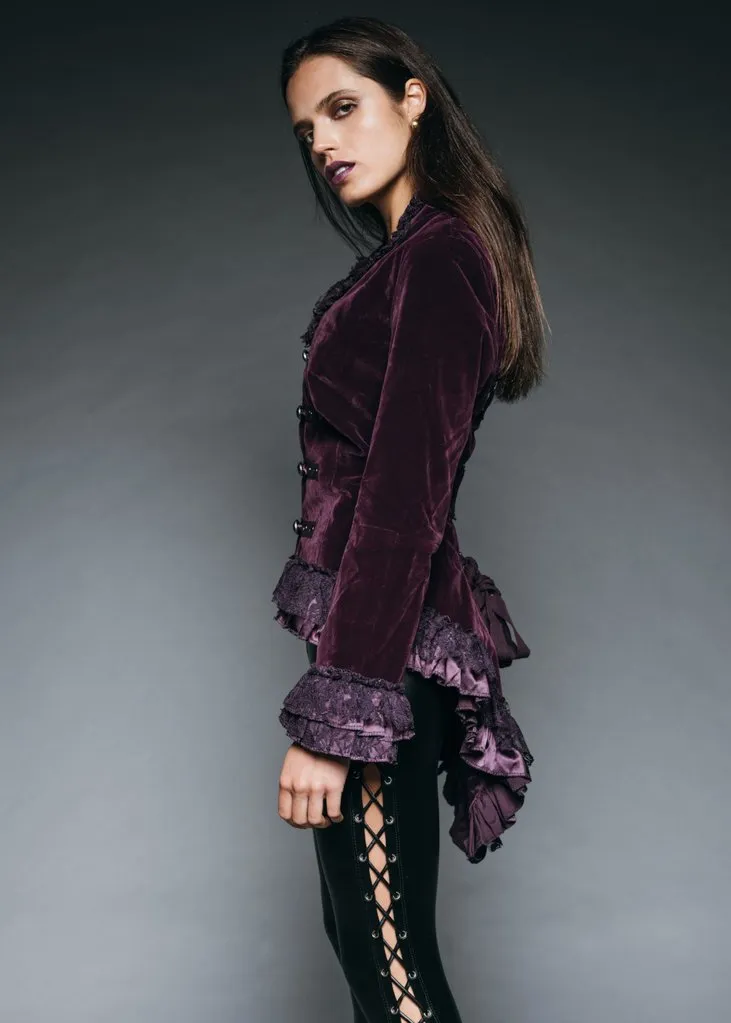 Witchy Woman Purple Velvet Steampunk Tail Jacket with Back Lacing - Image 3
